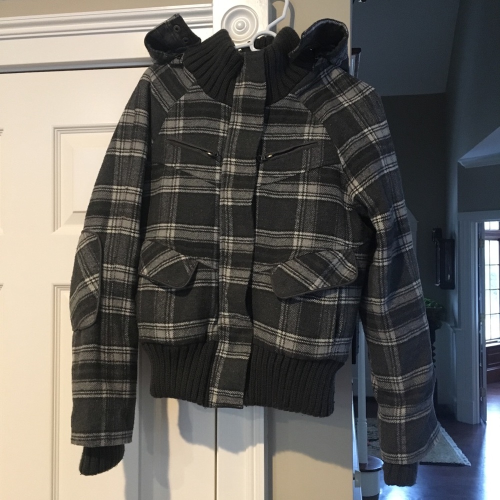 Wool blend jacket with removable hood. Medium.